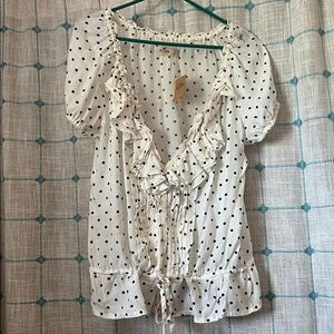 Hollister White Blouse with Navy Blue Polka Dots